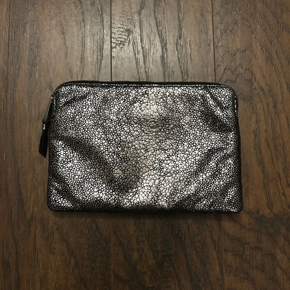 Inge Christopher Silver Black Leather Zip Clutch Pouch